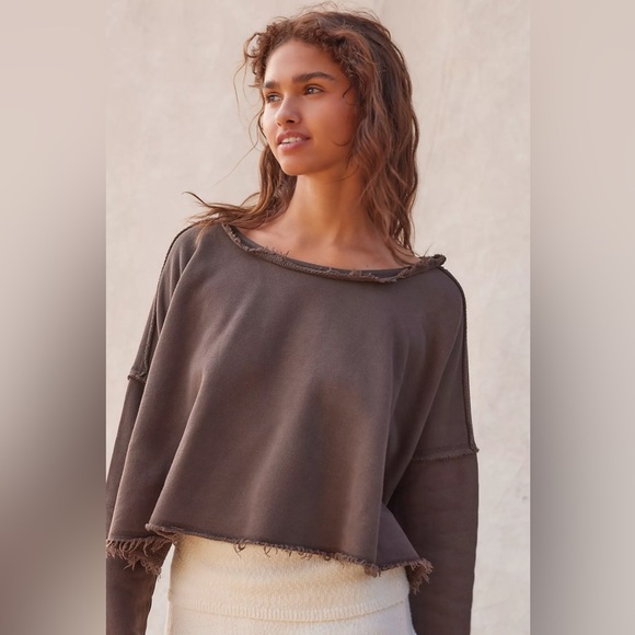 NWT FREE PEOPLE New Haven Pullover Brown Distressed Sweatshirt SIZE M - Picture 3 of 12